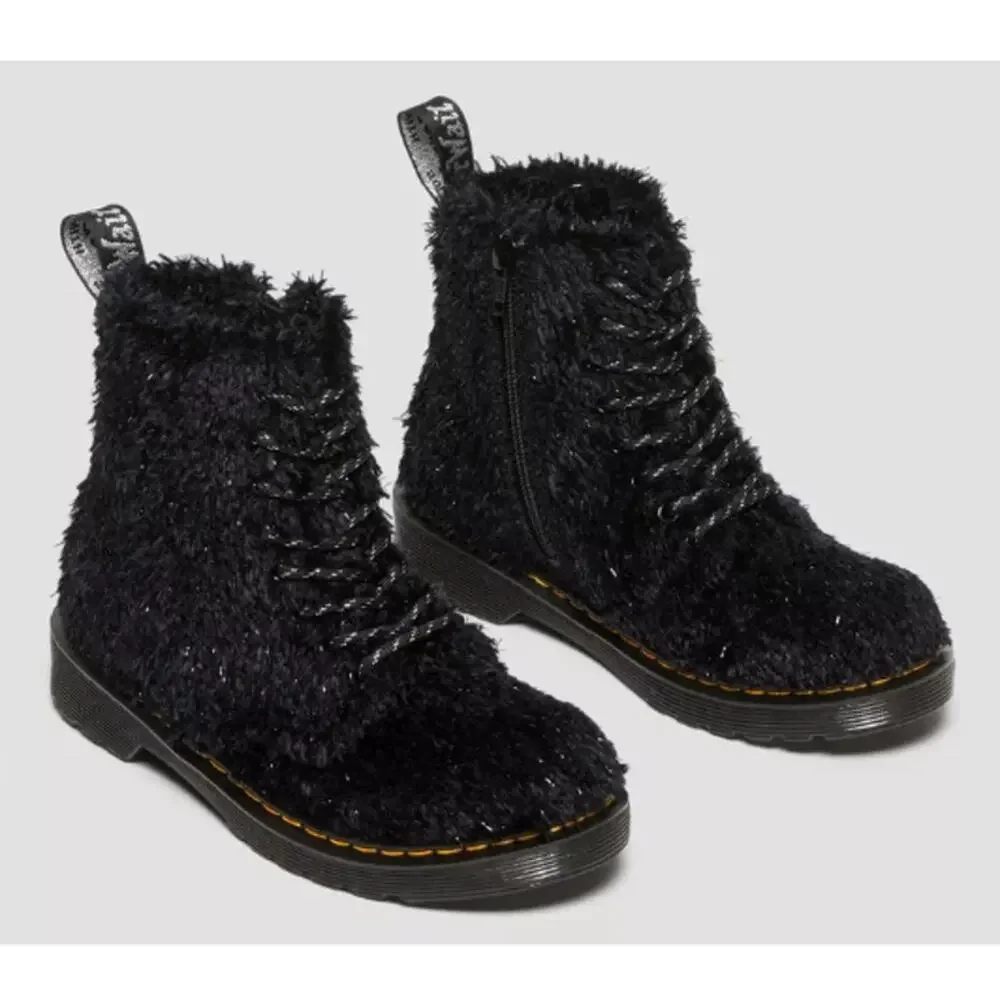 Dr. Martens Girls Junior Black Tinsel Fur 1460 Pascal Lace Up Boots Size 4 M